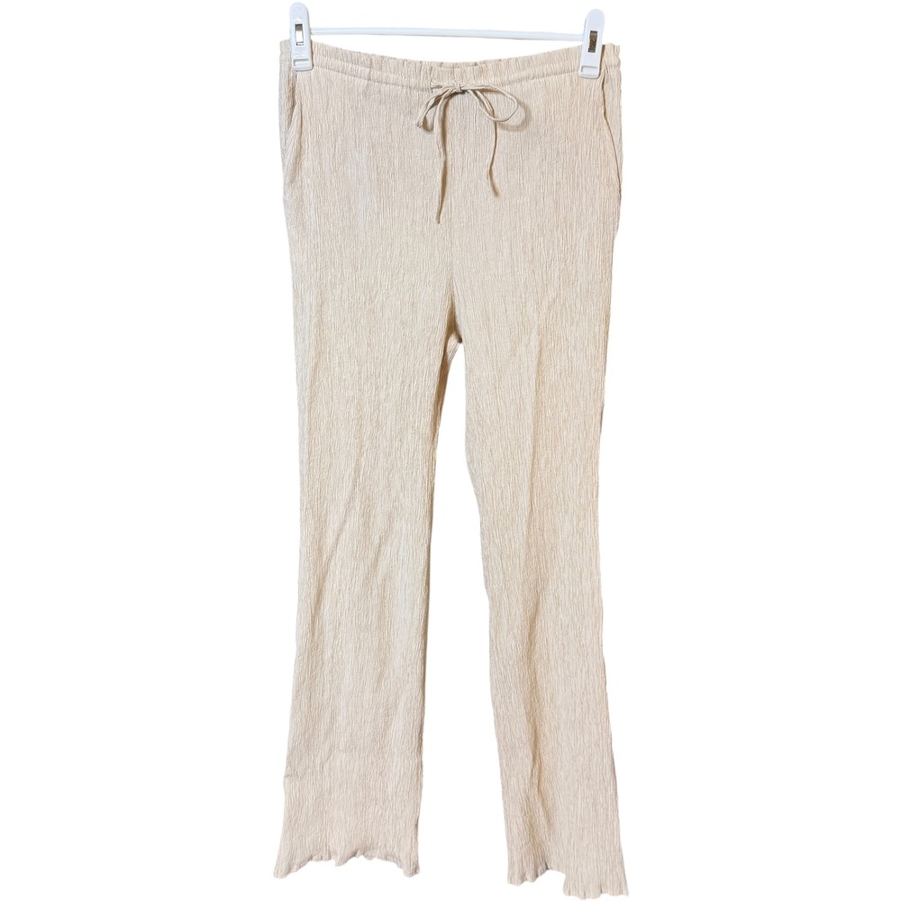 Zara Crinkle Textured Pants Women Size M Beige Elastic Waist Lettuce Hem 4391‎
